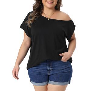 Women Plus Size Summer Tops One Shoulder Short Sleeve Blouse Black